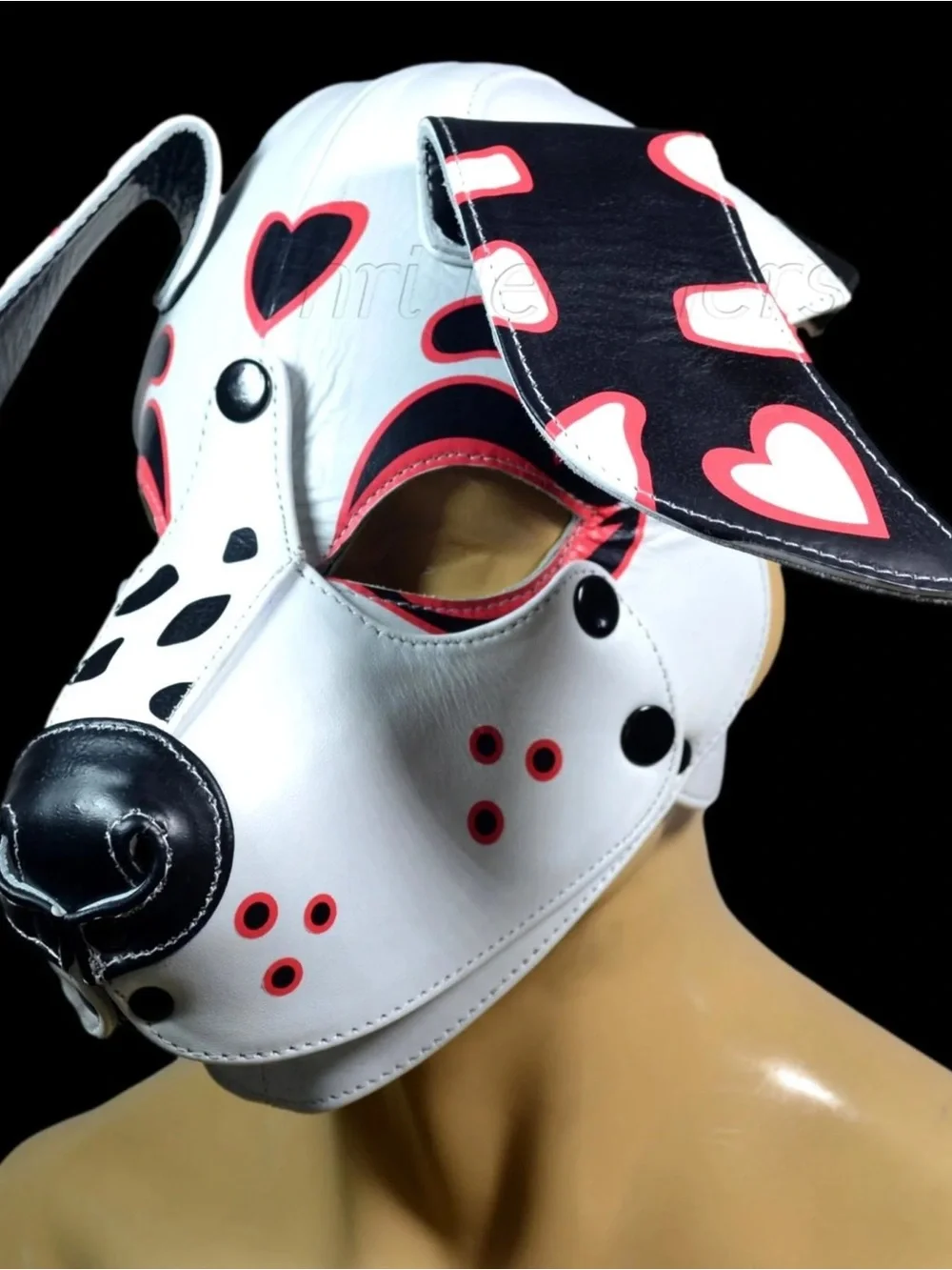 Puppy Leather Mask White with Black and Red Hearts